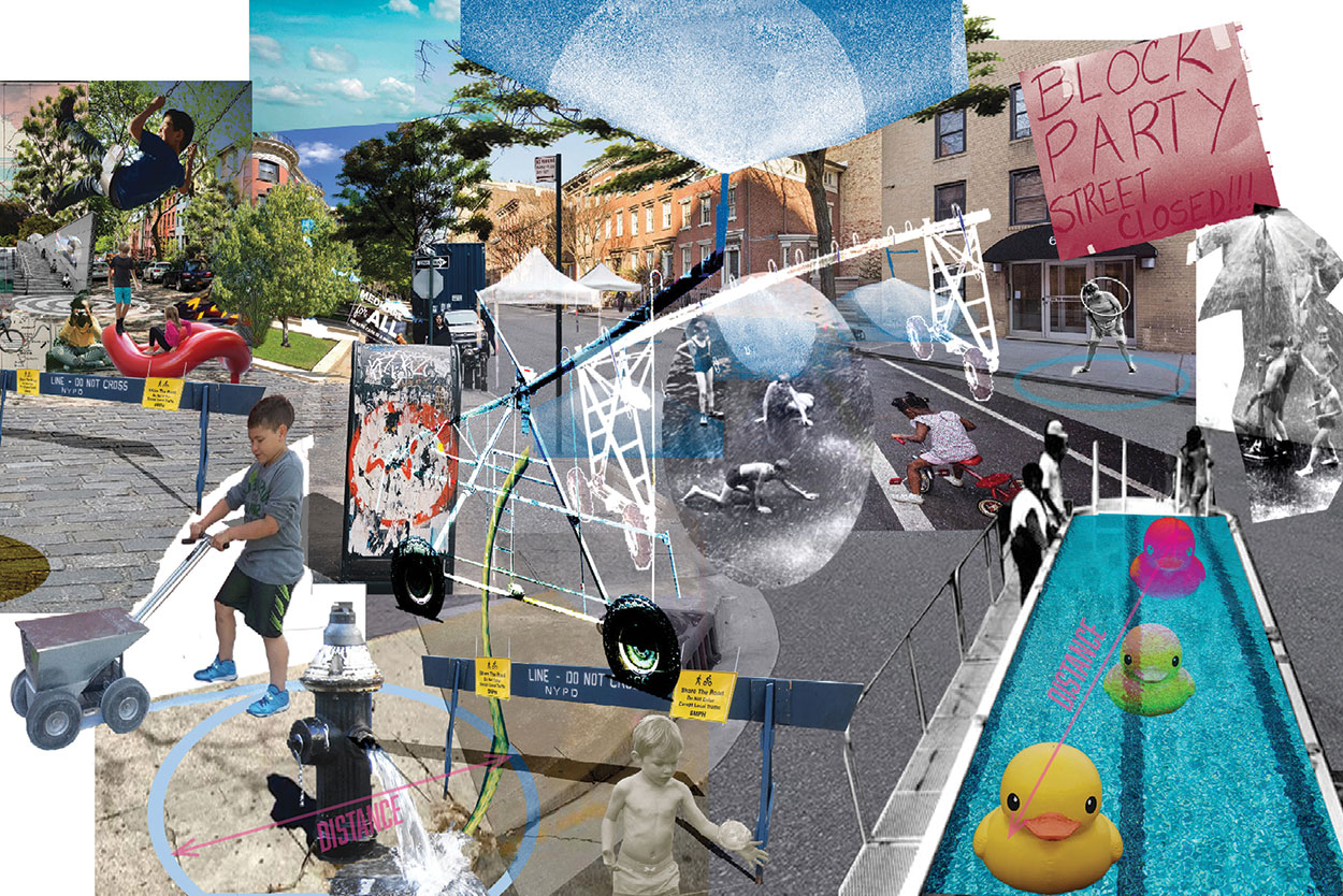 A visualization of a post-COVID-19 shutdown block party in a New York City neighborhood, where children practice safe physical interaction and partake in healthy recreation. With schools anticipated to remain closed over the summer, children are encouraged to play, Hula-Hoop, and swim while social distancing and frequently washing their hands. The portable swimmobile is equipped with a filtration and chlorine system that includes mobile sprinklers and handwashing stations made available for public use. Image: Pauline Claramunt, Alique Berberian, Tyrene Calvesbert, and Laura Postarini.