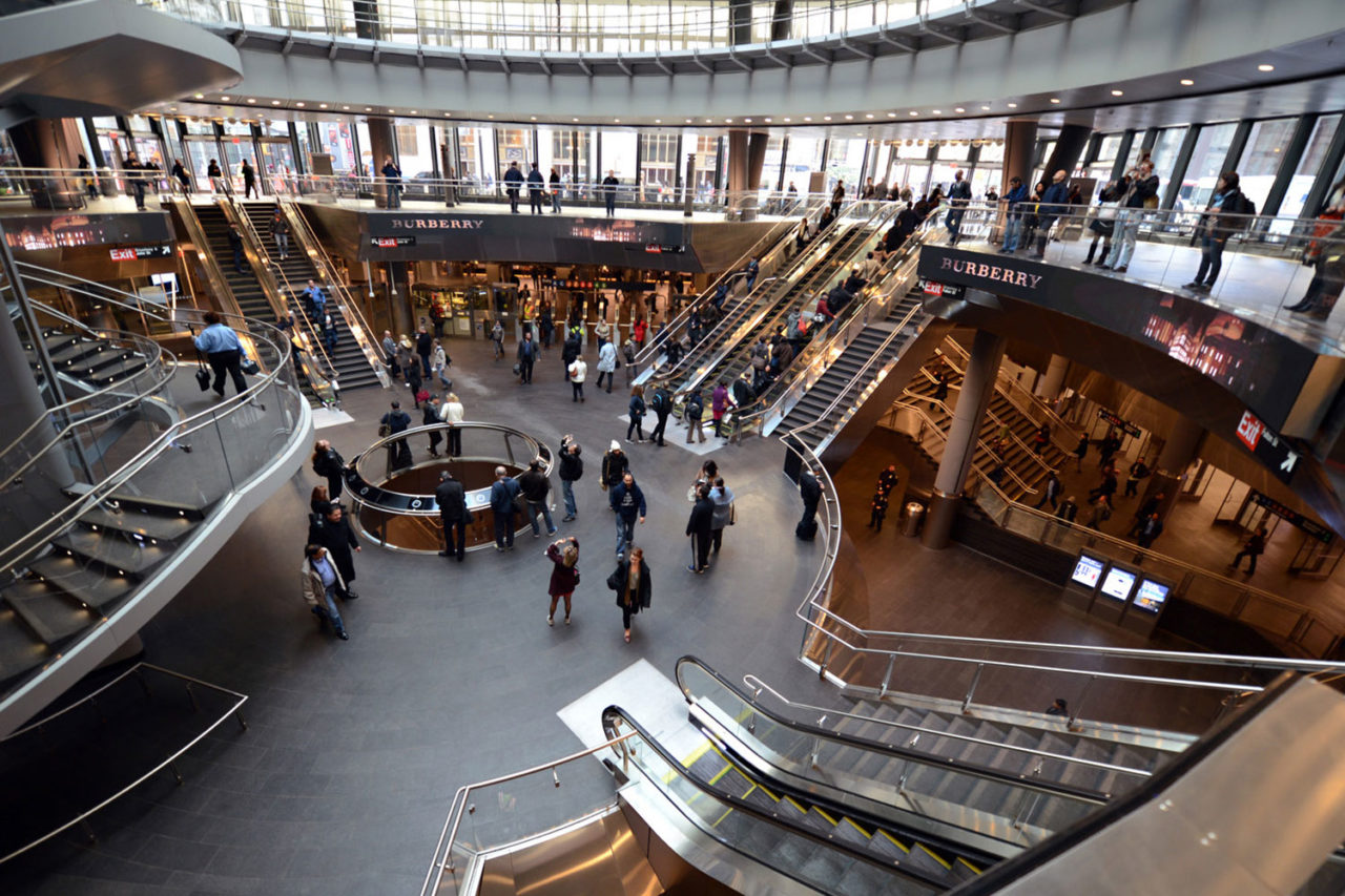 Interior, Fulton Center, MTANY. Chief Architect/Design Oversight at MTANY. Design Architect: Grimshaw Architects. Photo: Patrick Cashin, Staff Photographer, MTANY