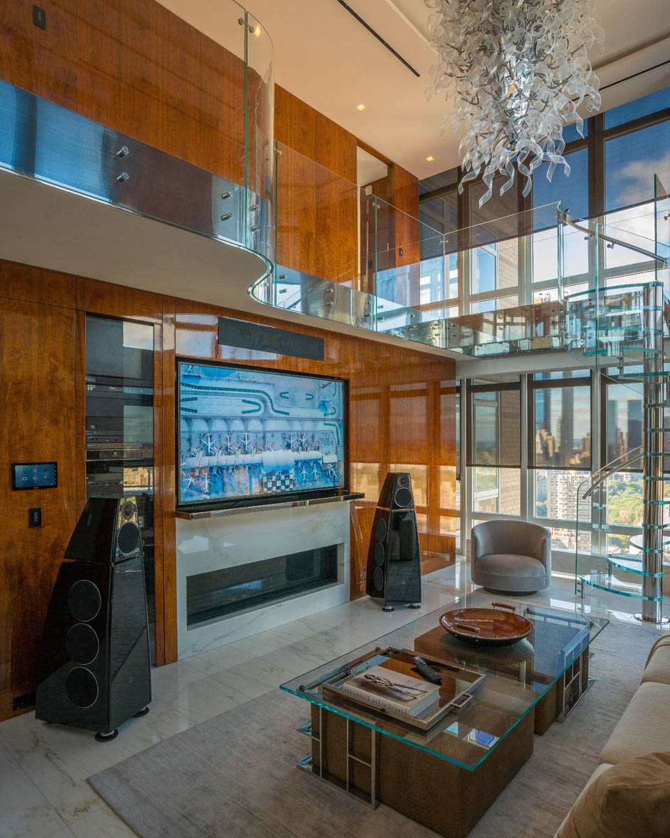 NYC Penthouse Living Room TV with Speakers. Photo Credit: ACS