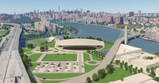A proposal by Garo Gumusyan Architects would construct a soccer stadium on Randall’s Island and connect a bridge between the island and East Harlem, increasing that neighborhood’s access to green space and recreational resources. Rendering courtesy of Garo Gumusyan Architects.