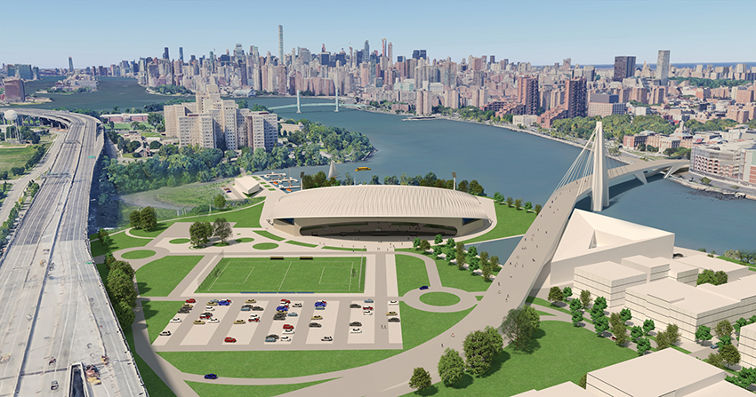 A proposal by Garo Gumusyan Architects would construct a soccer stadium on Randall’s Island and connect a bridge between the island and East Harlem, increasing that neighborhood’s access to green space and recreational resources. Rendering courtesy of Garo Gumusyan Architects.