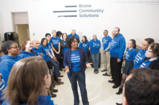Director Maria Almonte addresses the staff of Bronx Community Solutions at its offices in the Bronx Criminal Courthouse. Photo: Courtesy of Michael Falco/Center for Court Innovation.