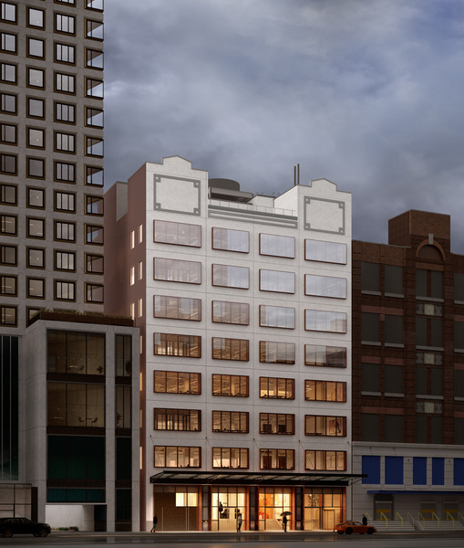 Frame Building, 541 West 21st Street, New York, NY. Mancini repositioned this industrial/manufacturing building into commercial office space with a gallery on the ground floor. One major intervention is the replacement of the existing façade, with large articulated windows to maximize light and air and CorTen detailing. Credit: VISUALHOUSE.