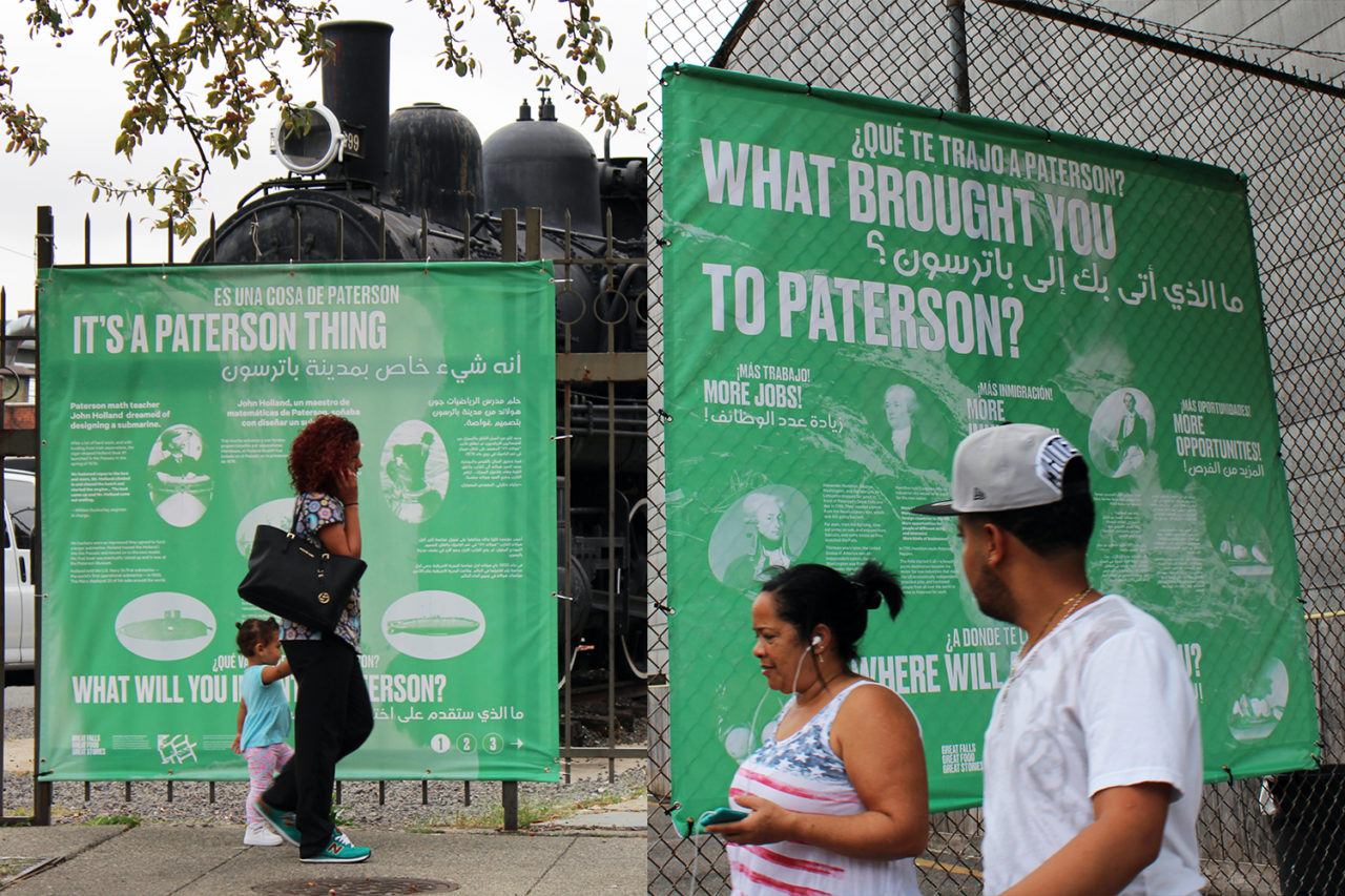 “Storymap” installations in Paterson, NJ, connecting the Great Falls National Historical Park to immigrant communities and their restaurants in the surrounding neighborhoods.