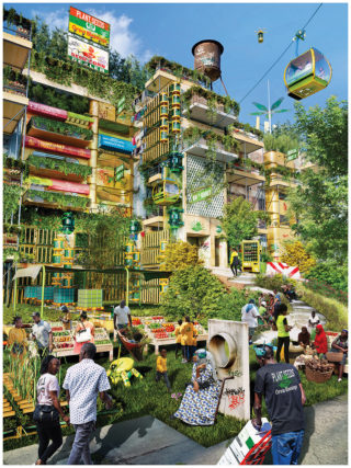 Plant Seeds Grow Blessings, by Olalekan Jeyifous, 2020. Photomontage, framed renderings printed on Luster 260 GSM. Photo: Courtesy of Olalekan Jeyifous.