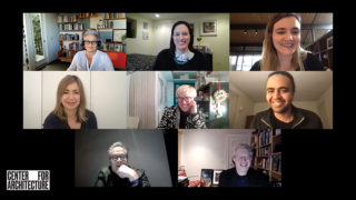 The 2021 Design Awards jury symposium was held on January 11. Top row, left to right: Julie Eizenberg, Andrea Love, Maria Paz de Moura Castro, Middle row: Molly Heintz (moderator), Francesca Perani, Stephen Gray; bottom row: Marlon Blackwell, Ken Lewis (host). Photo: AIA New York.
