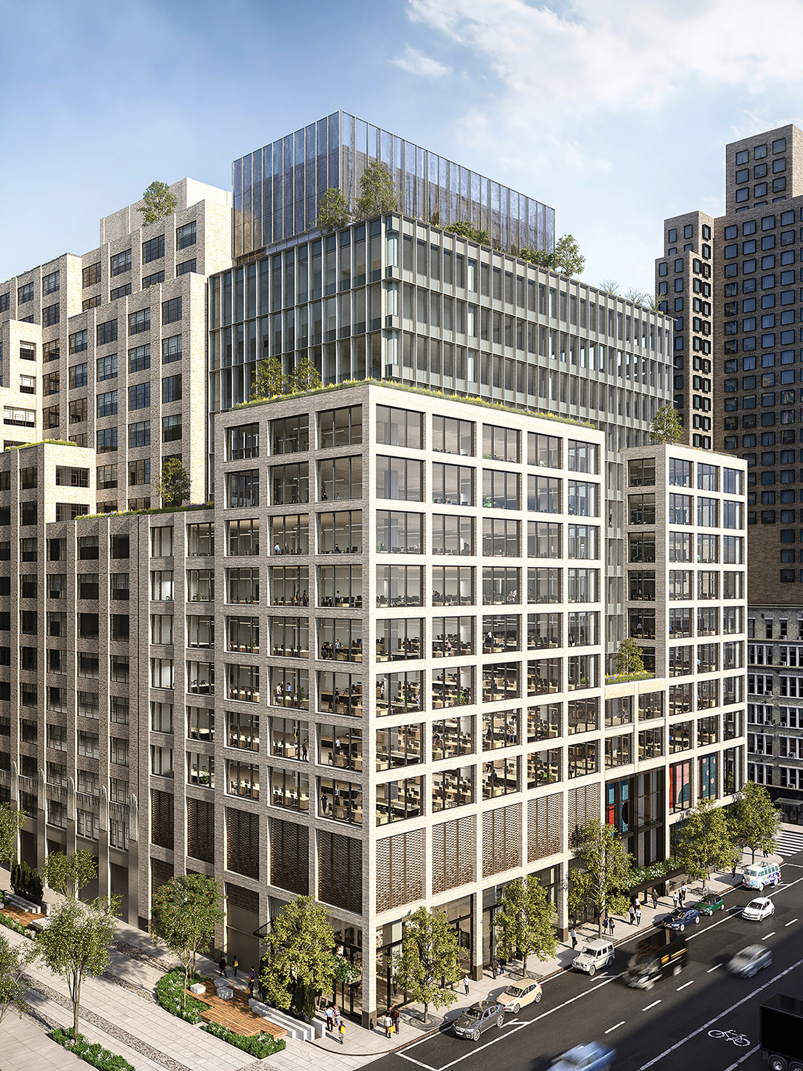 A rendering of the exterior of 555 Greenwich, designed by COOKFOX Architects.