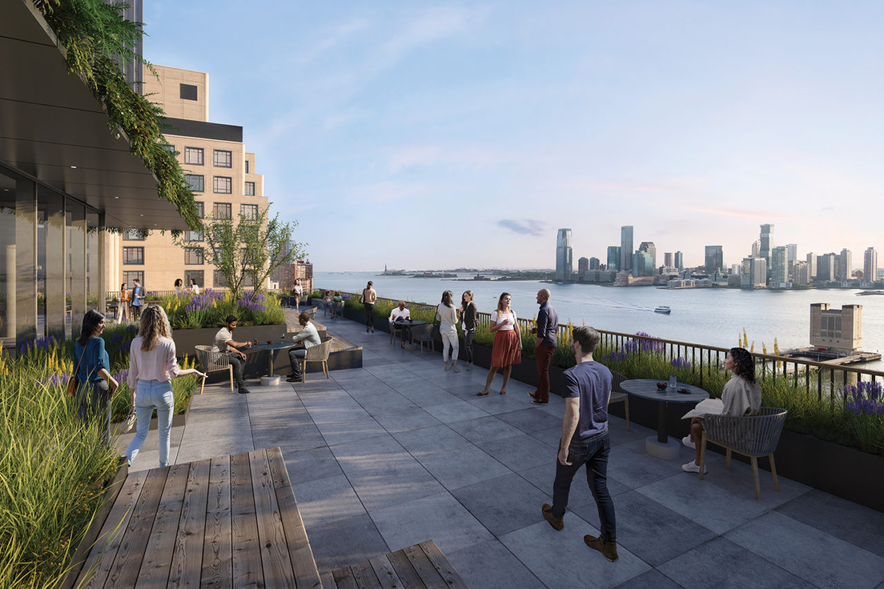 A rendering of a terrace at 555 Greenwich, designed by COOKFOX Architects.