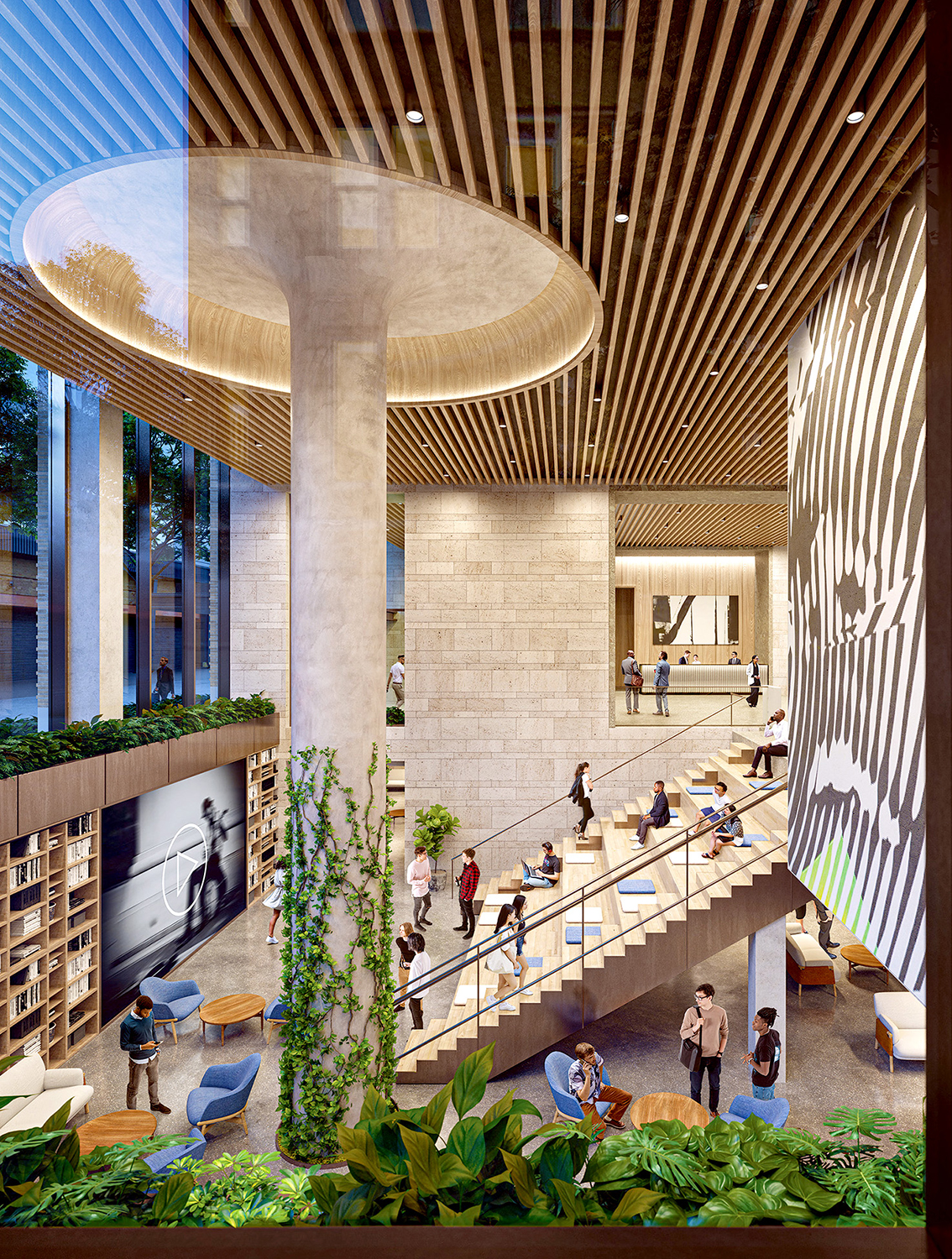 A rendering of the double-height interior common space at 555 Greenwich, designed by COOKFOX Architects.