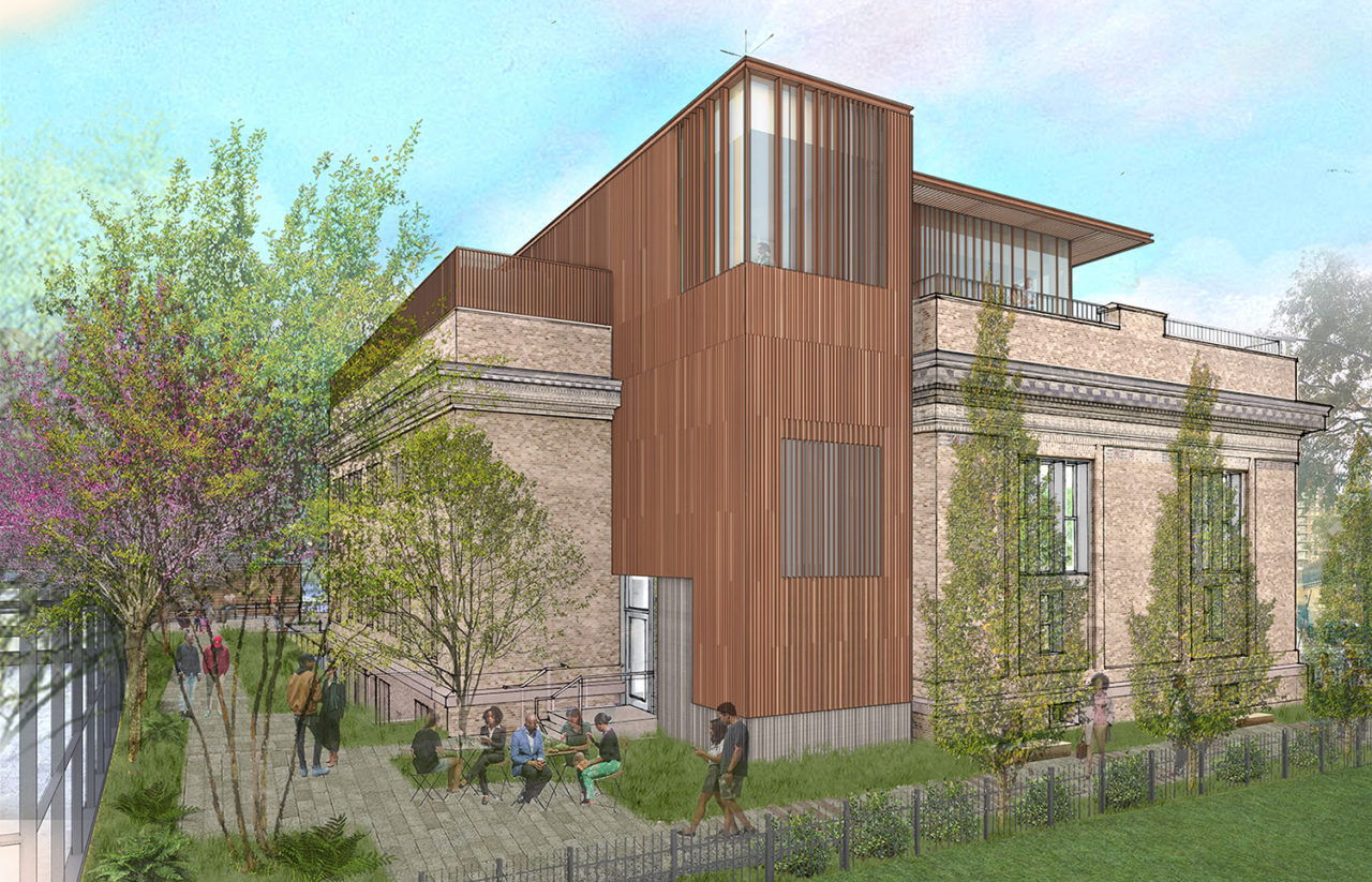 A rendering of the exterior of the addition to the Brooklyn Public Library Brownsville Branch by LTL Architects, Architectural Preservation Studio, and Local Office Landscape + Urban Design.