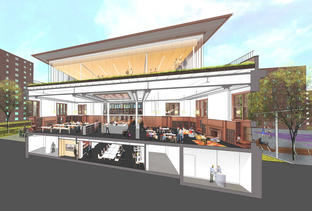 A section perspective showing the interiors of the Brooklyn Public Library Brownsville Branch by LTL Architects, Architectural Preservation Studio, and Local Office Landscape + Urban Design.