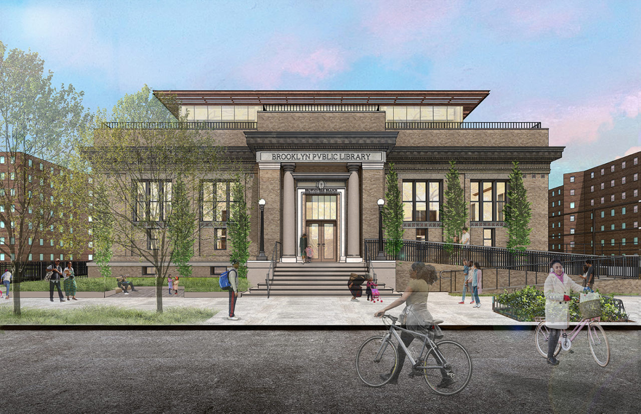 A rendering of the renovated exterior of the Brooklyn Public Library Brownsville Branch by LTL Architects, Architectural Preservation Studio, and Local Office Landscape + Urban Design.