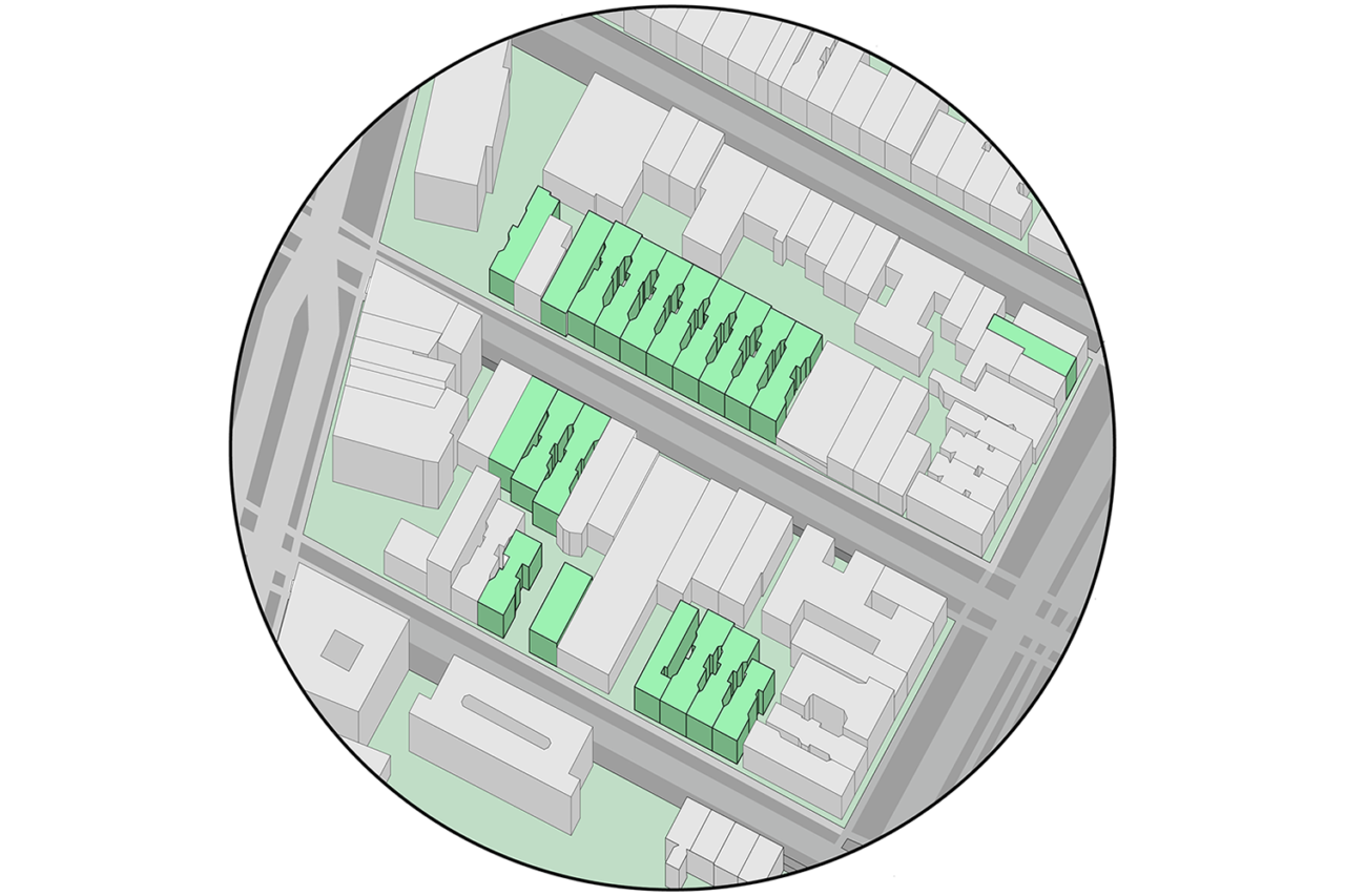 Image description: A circular image depicting an aerial view map of Cooper Square with properties from the Cooper Square Community Land Trust highlighted in green.