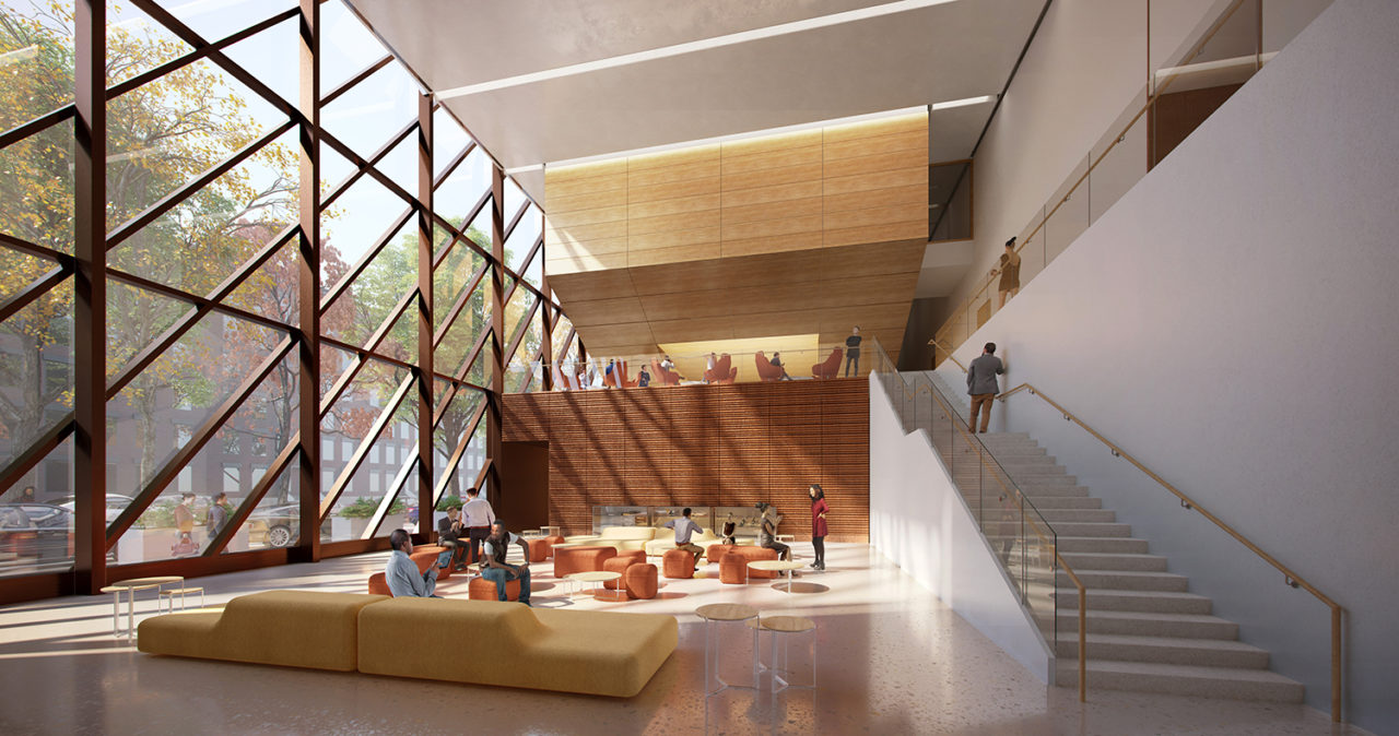 A rendering of the lobby interior of the Public Health Laboratory by SOM.