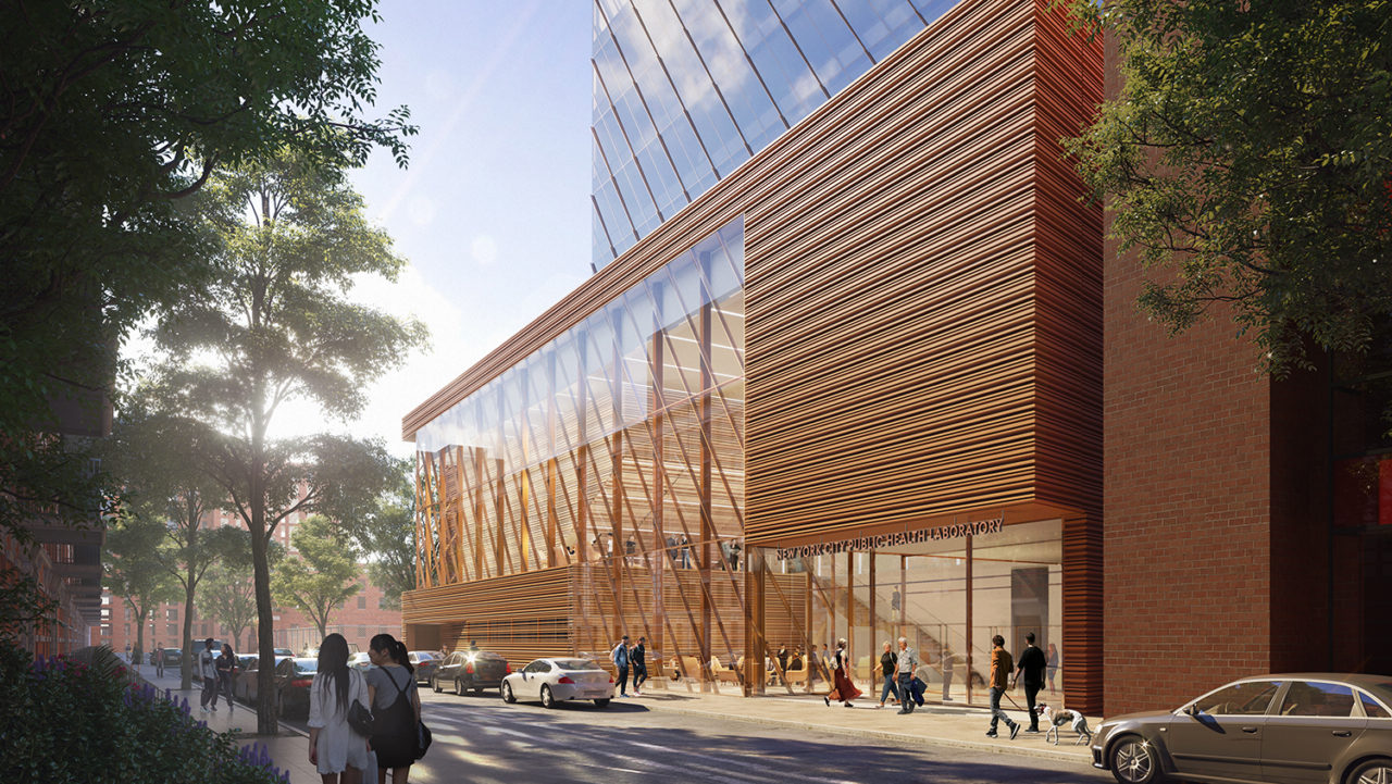 A rendering of the exterior of the Public Health Laboratory by SOM from street level.