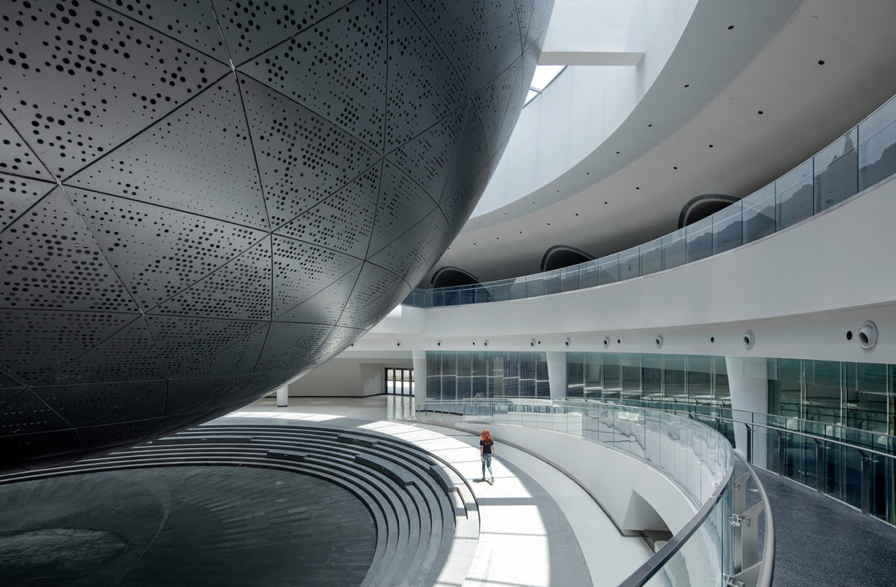 A photograph of the interior of the Shanghai Astronomy Museum by Ennead Architects, showing the Sphere.