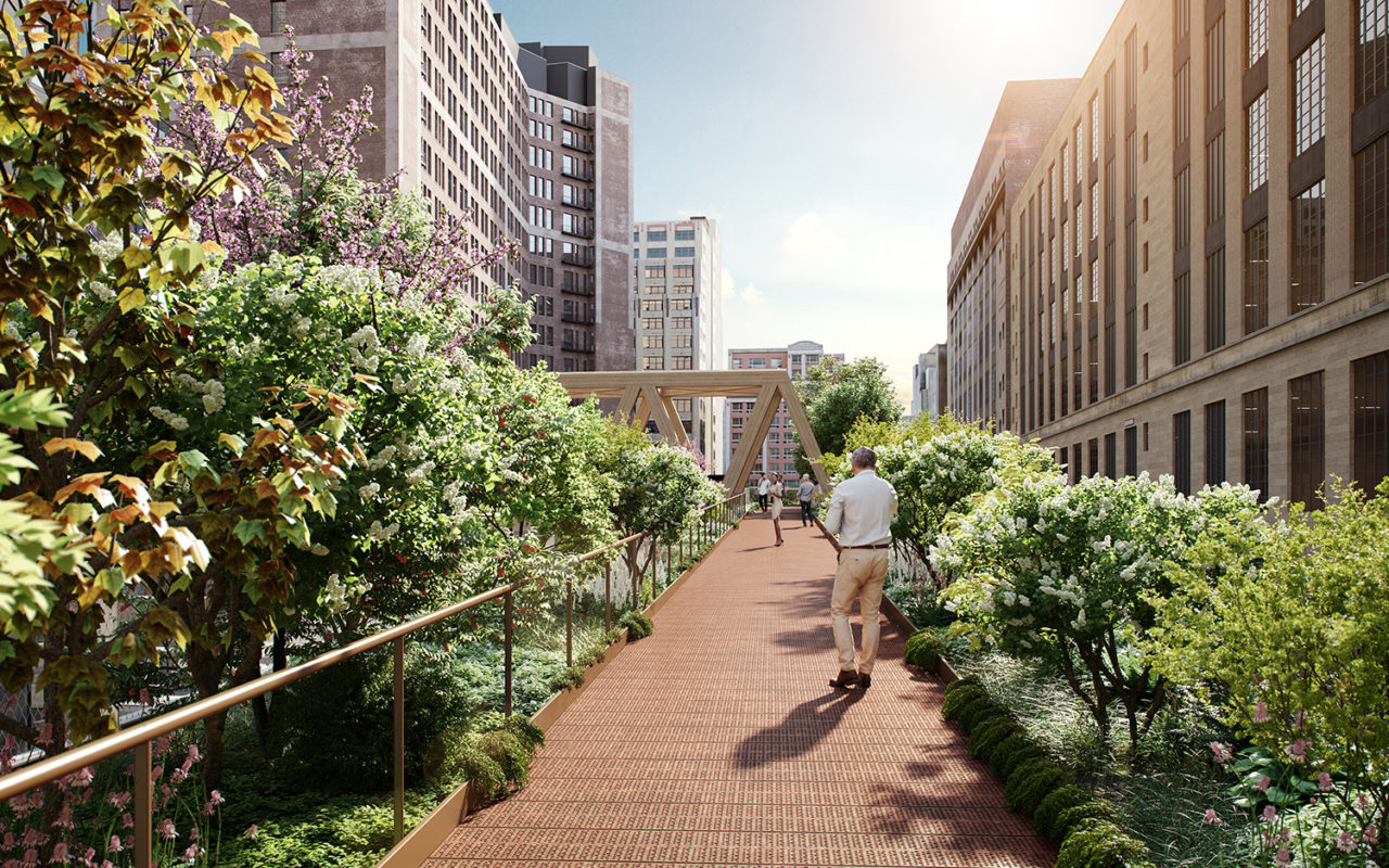 Rendering of the High Line to Moynihan Train Hall Connector, showing the woodland pedestrian bridge with lush vegetation.