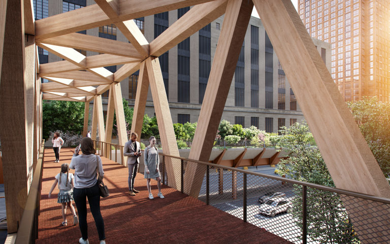 Rendering of the High Line to Moynihan Train Hall Connector, showing the timber pedestrian bridge.