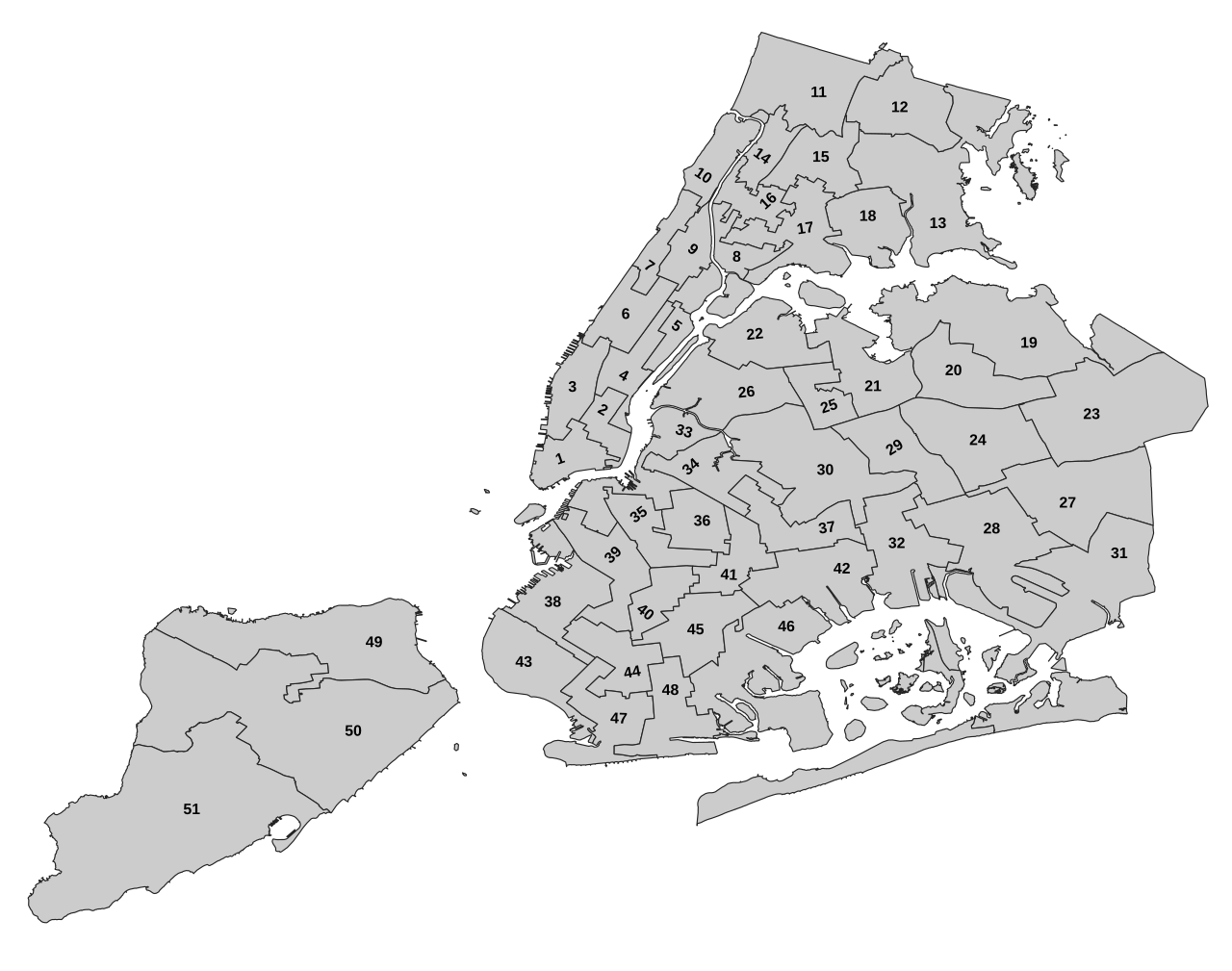 Drawing of a map illustrating NYC's Council Districts.