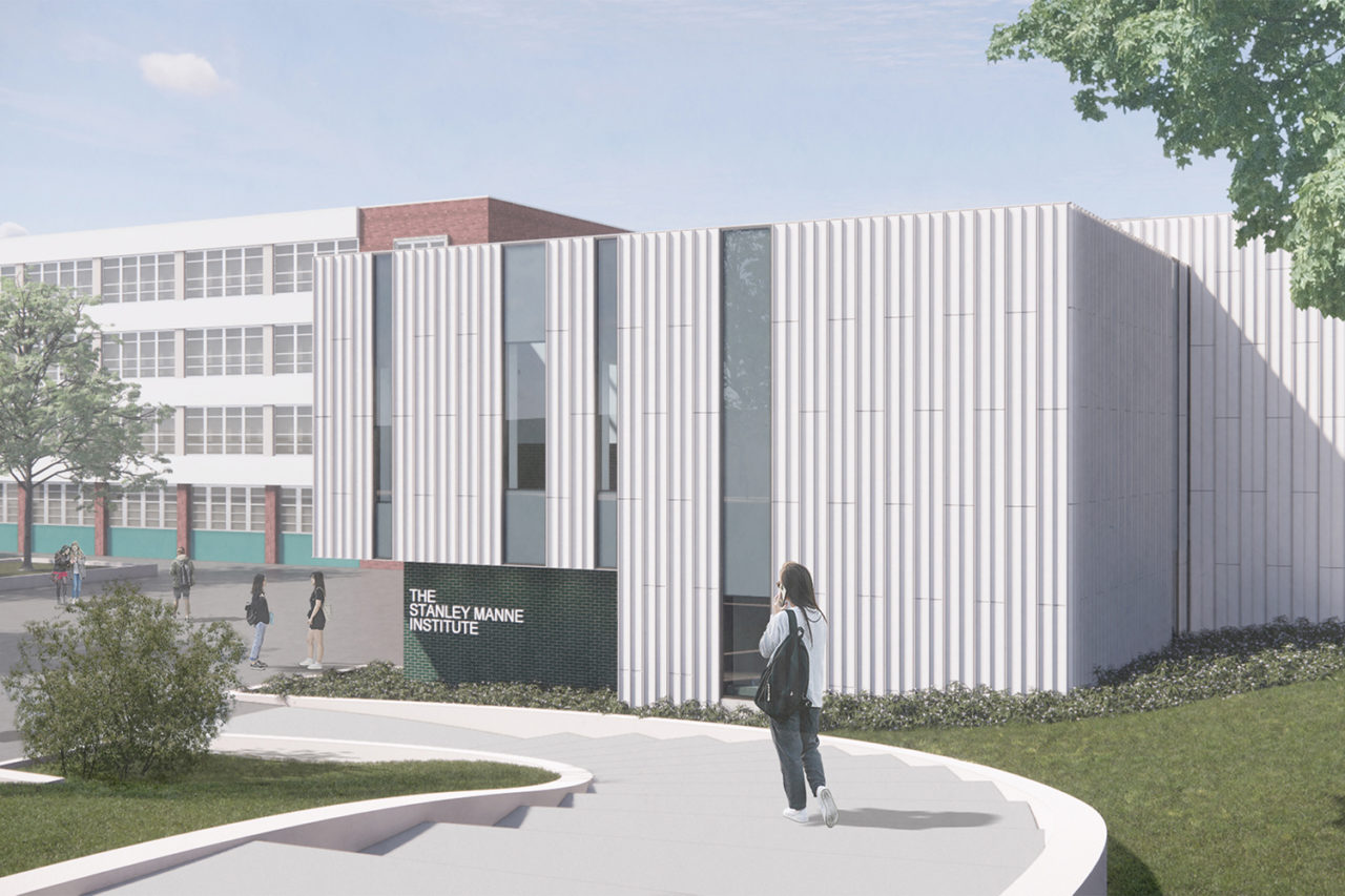 A rendering of a student walking towards the Stanley Manne Institute.