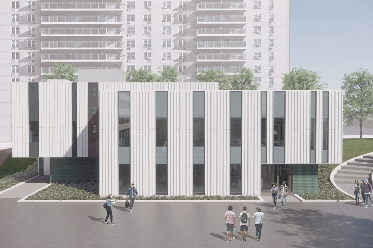 A rendering of the exterior elevation of the Stanley Manne Institute, depicting a horizontal facade with vertical segments.