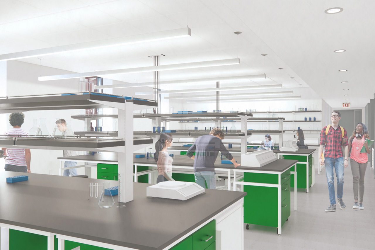 A rendering of a lab space with green bases at the Stanley Manne Institute.