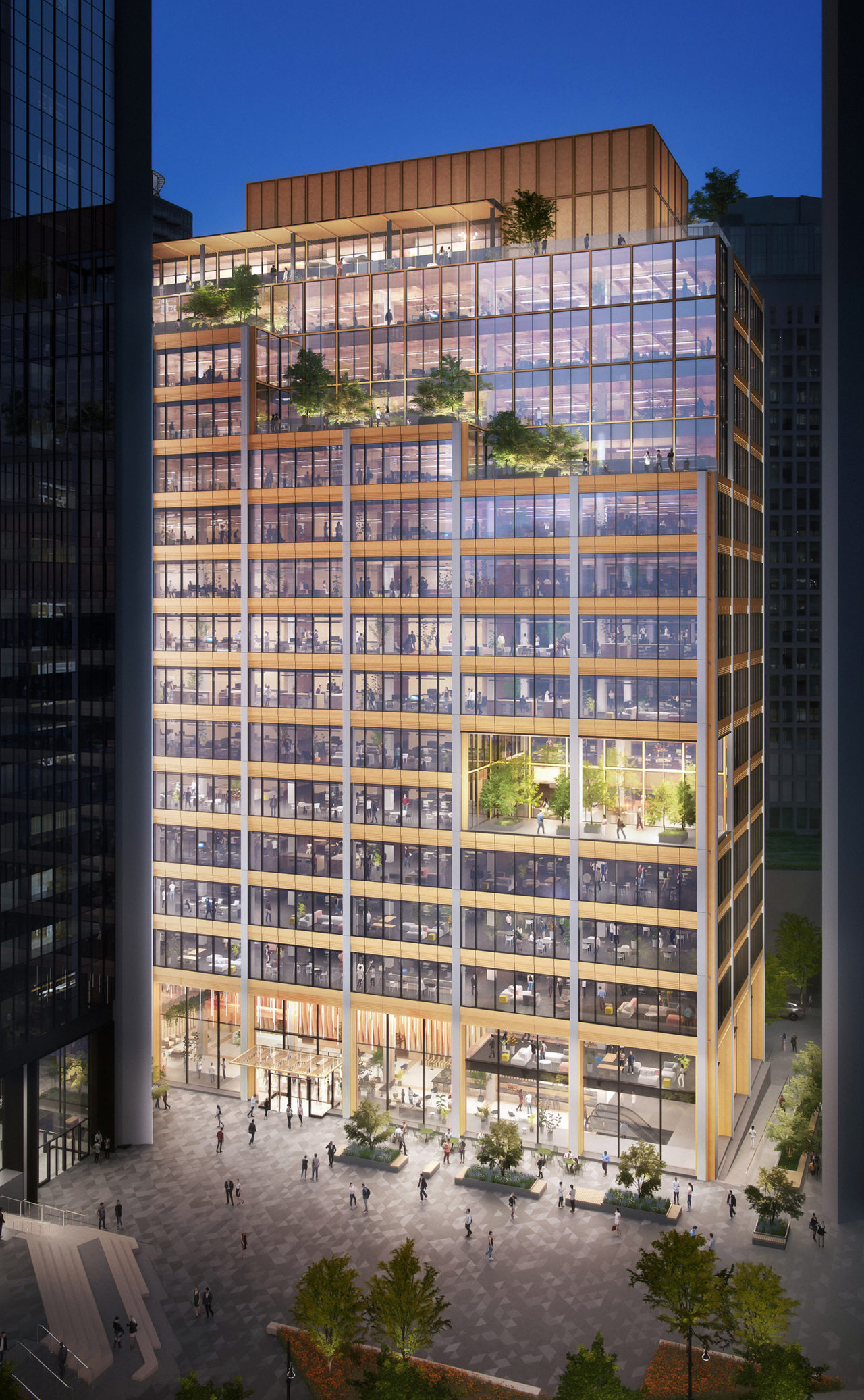 Rendering of the exterior of Burrard Exchange, showing the stepped green terraces and glass facade.