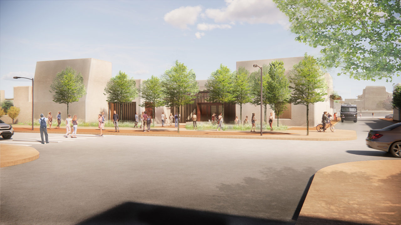 A description of the exterior of the Georgia O'Keeffe Museum, seen from a plaza.