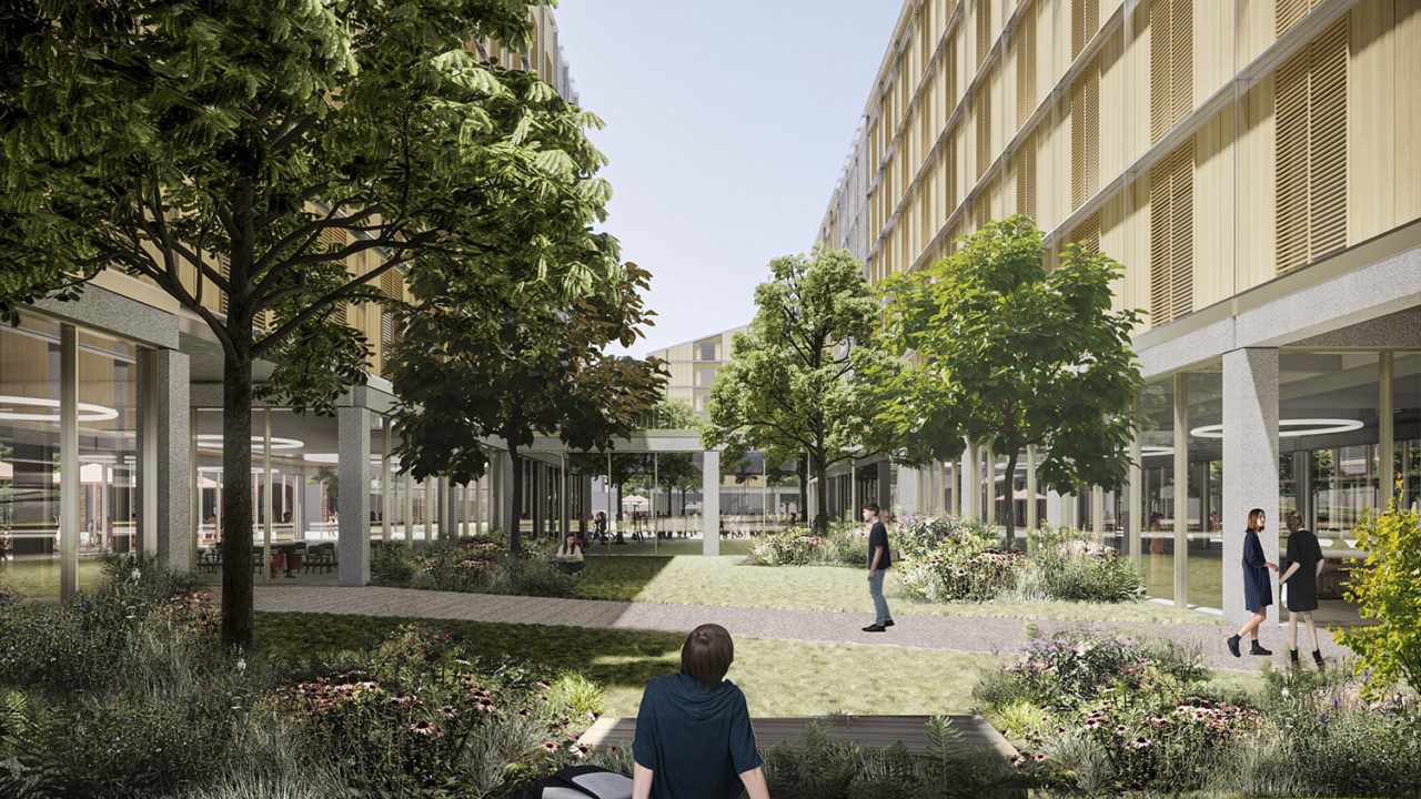 A rendering of a green space at the Olympic Village.