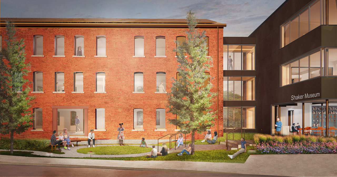 Rendering of the Shaker Museum, showing how the historic brick building interacts with the new addition.