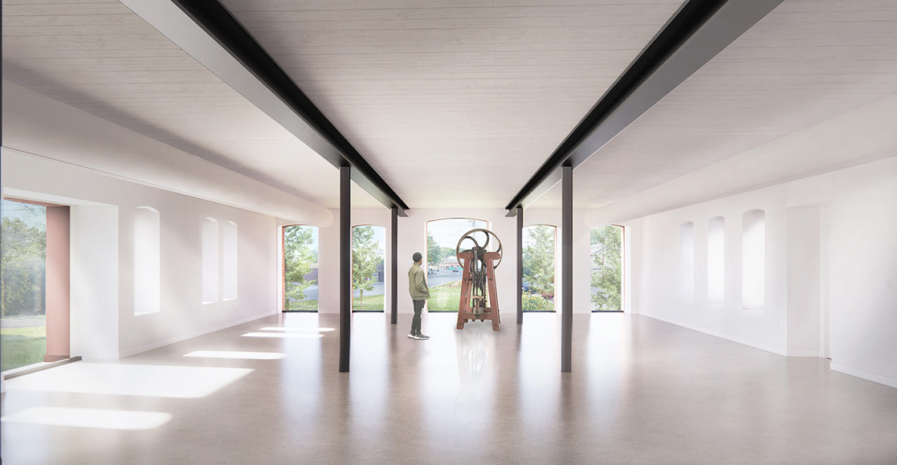 Rendering of a gallery space at the Shaker Museum, with clean white walls and an open plan.
