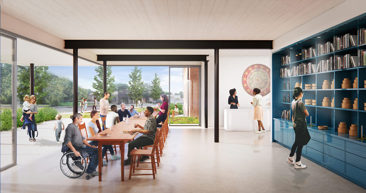 Rendering of the lobby of the Shaker Museum, with clean white interiors and a long wooden table.