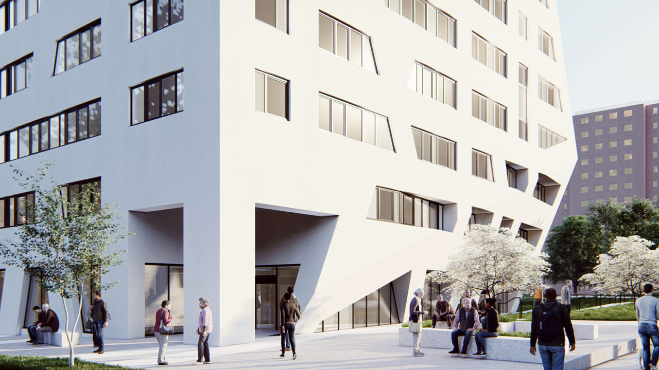 A rendering of the exterior entrance to the Atrium at Sumner, showing a slanted entry from the street level.