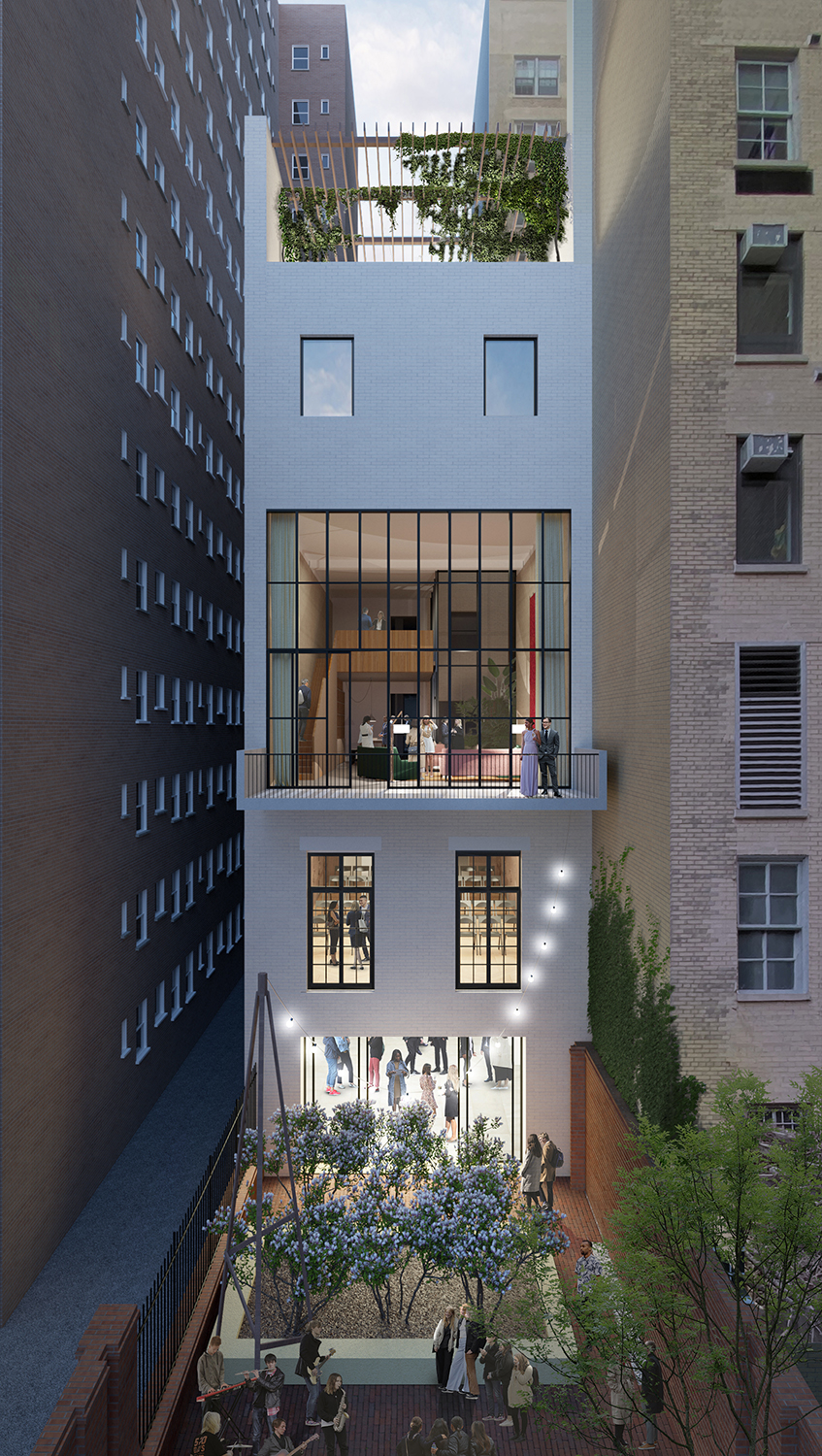 Rendering of 1014 Fifth Avenue, depicting the building from the back, lit up at night.