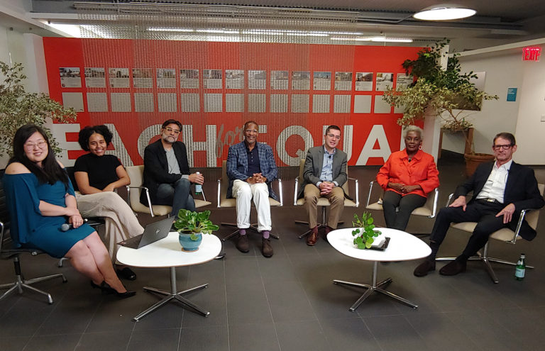 Speakers of the 2021 J. Max Bond, Jr. Lecture: (l-r) Amanda Miller, AIA, NOMA; Peggy Peña, AIA, NOMA; Sanjive Vaidya; Shawn L. Rickenbacker; Brian D. Goldstein; Karen Phillips, FASLA; Steven M. Davis, FAIA.