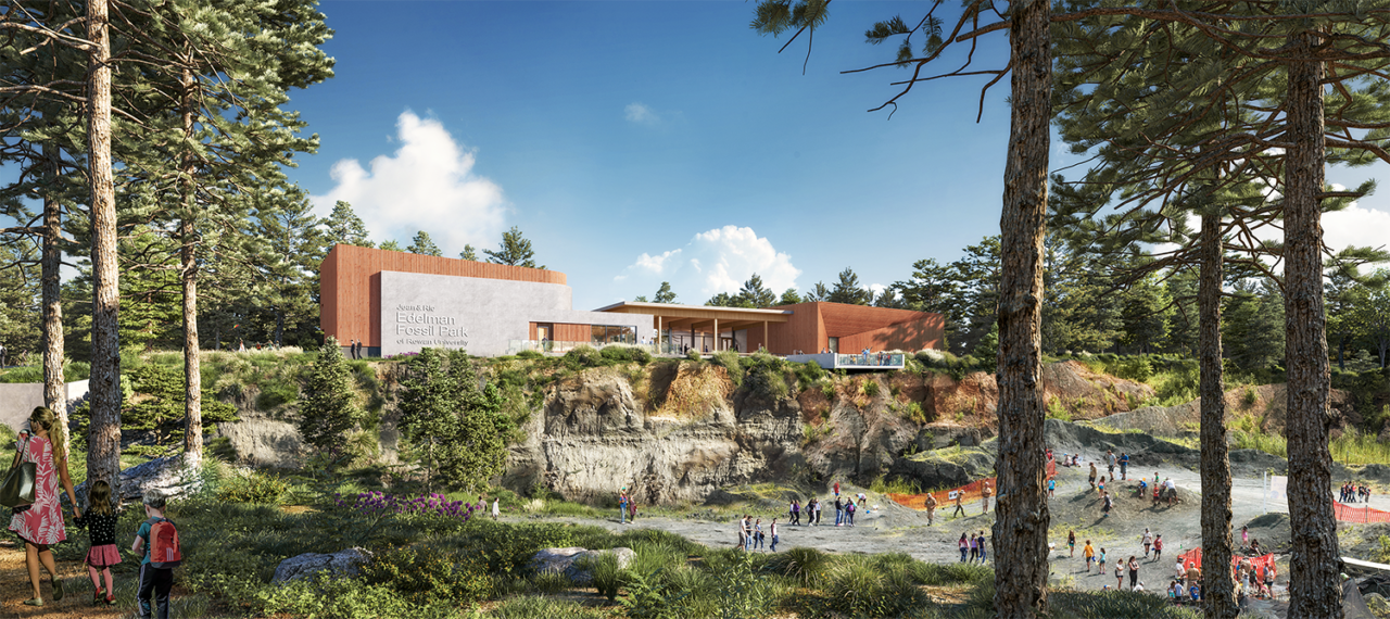 Rendering of the exterior of Jean & Ric Edelman Fossil Park of Rowan University, also showing the quarry.