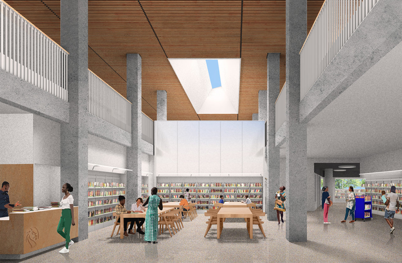 Rendering of the Inwood Public Library, part of the Eliza, showing gray interiors and a skylight.