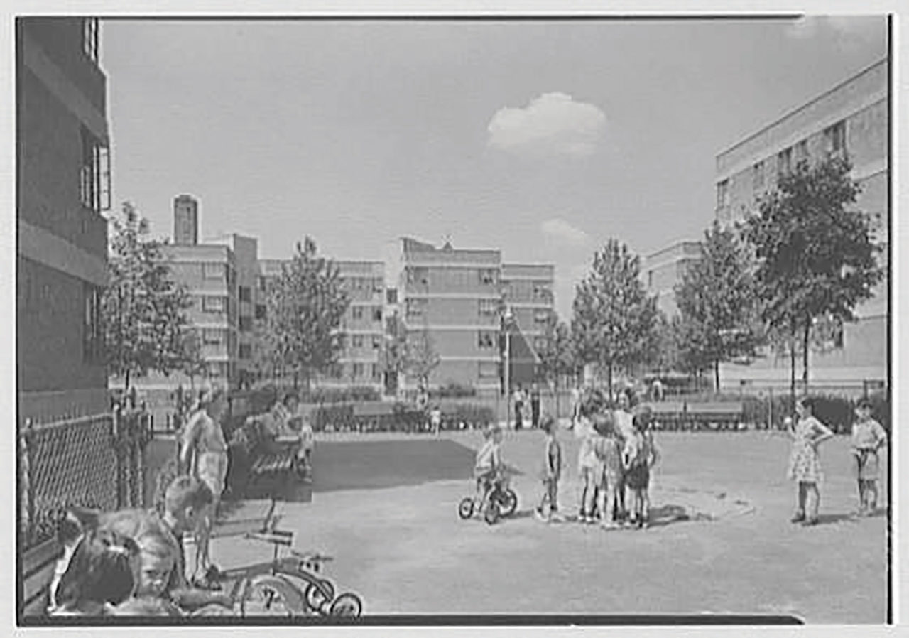 Originally known as the Ten Eyck Houses, the Williamsburg Houses, seen in a photo taken in 1941, were designed by Swiss architect William Lescaze and built between 1936 and 1938 in the Williamsburg neighborhood of Brooklyn.