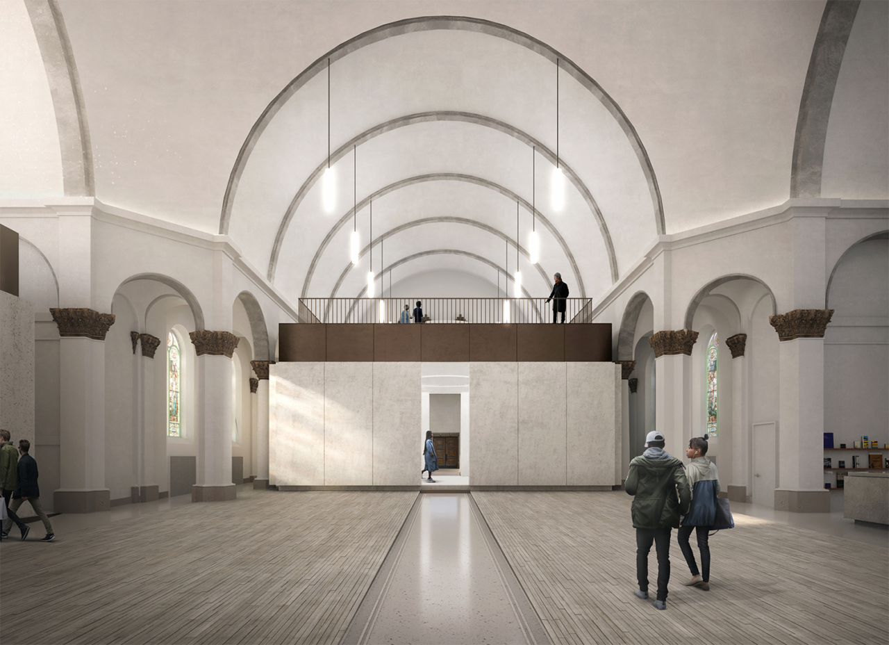 Rendering of an interior space at The Shepherd, featuring white walls.