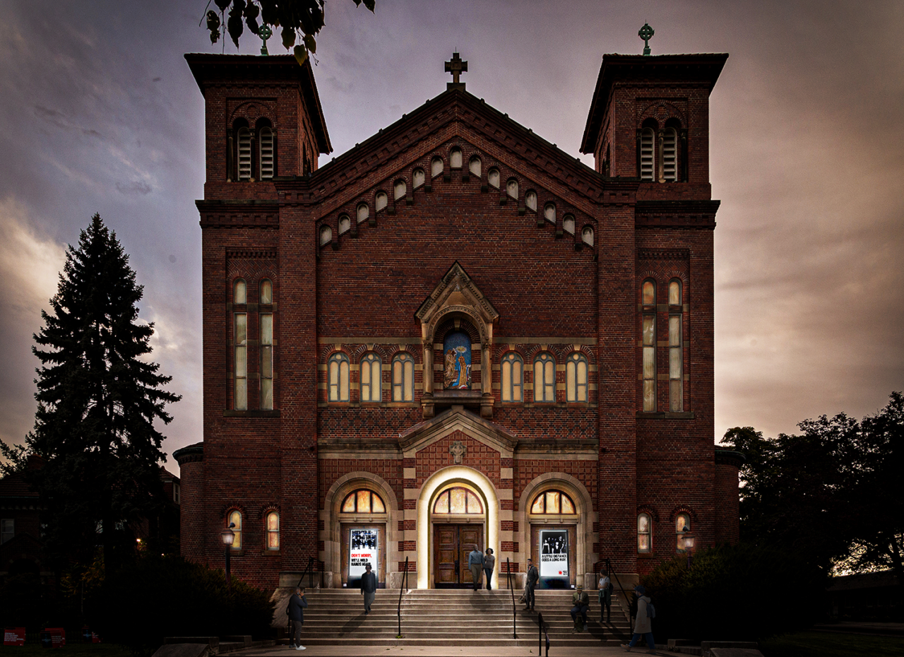 Rendering of the outside of the Shepherd, lit at dusk.