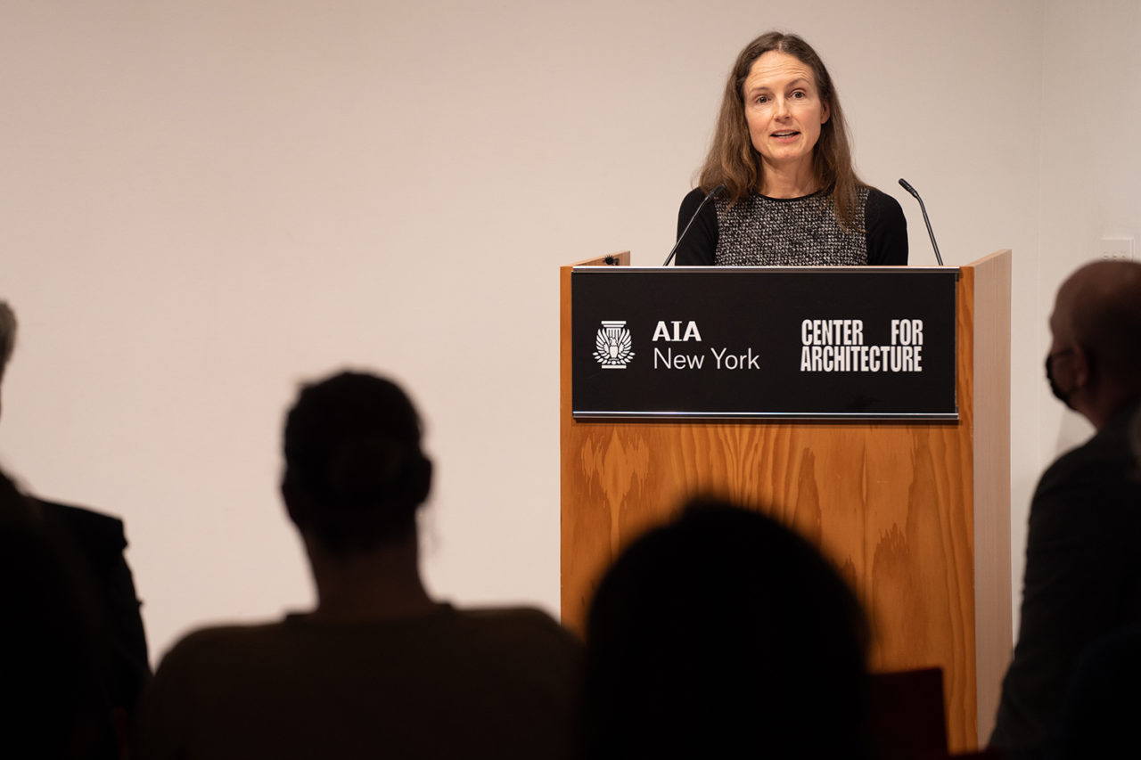 Photo of 2022 President Andrea Lamberti speaking at the podium at the Center for Architecture.