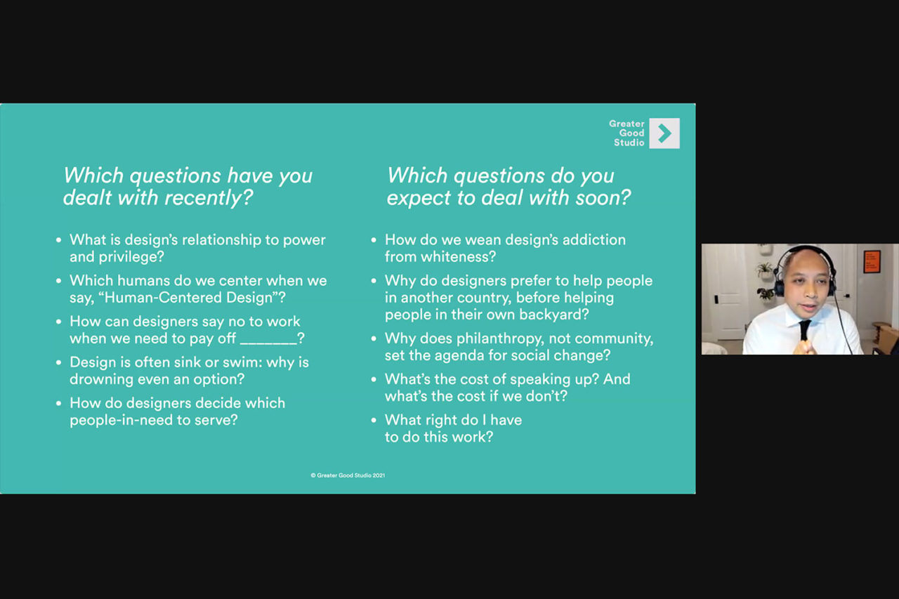 Screenshot of George Aye with a slide presenting 10 Ethical Questions.