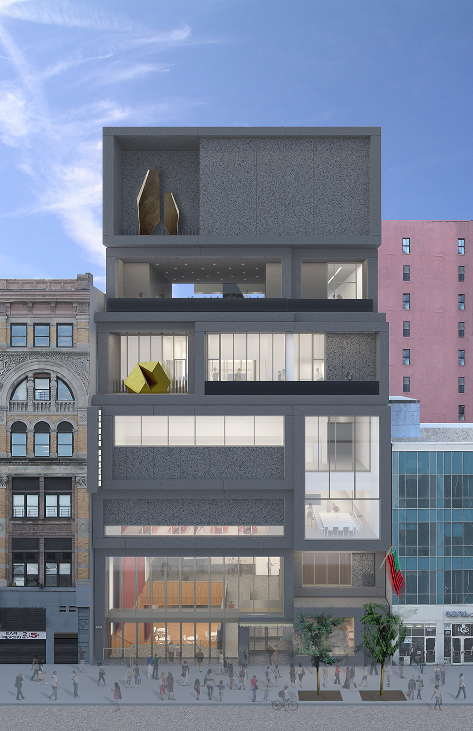Front elevation rendering of the Studio Museum in Harlem depicting activities happening inside the building.