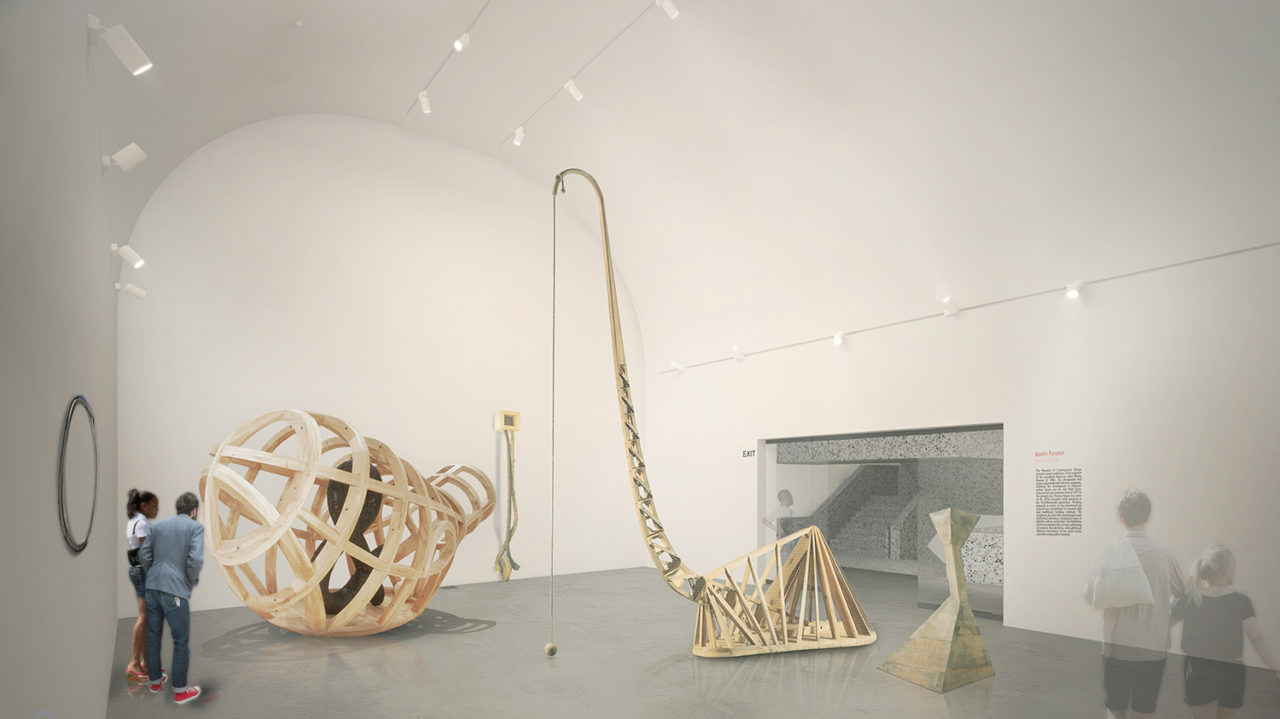 Rendering of a gallery space at the Studio Museum in Harlem featuring large-scale works.