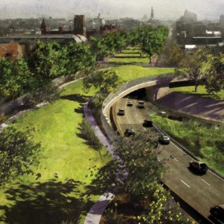 A rendering of DLandStudio’s concept for BQ Green, showing a highway road passing underneath a green park.