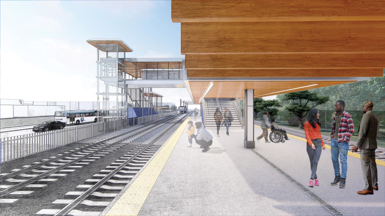 Rendering of a train platform with a wooden canopy and an elevated walkway in the distance.