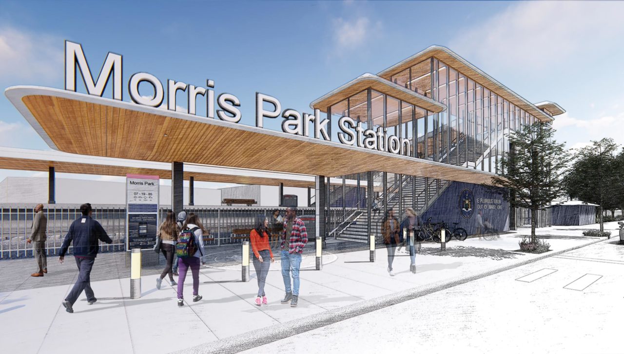 Rendering of Morris Park Station exterior staircase and entry in timber and glass.