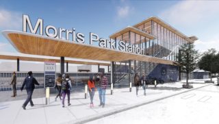 Rendering of Morris Park Station exterior staircase and entry in timber and glass.