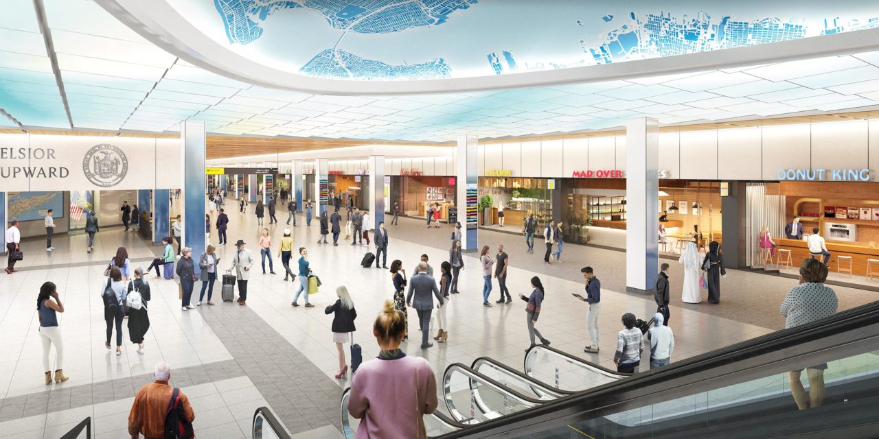 Rendering of a transportation concourse as seen from an escalator going down, with a blue map and clouds covering the ceiling