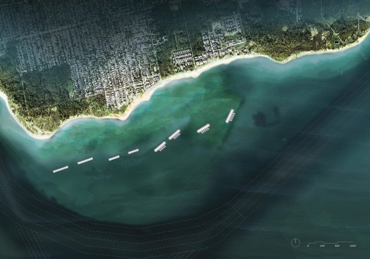 An illustrative plan for Living Breakwaters, an aerial view in shades of blue, green, and tan
